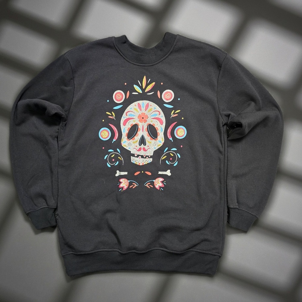Better Together Black Sugar‎ Skull Glitter Graphic Crewneck Sweatshirt Mens M